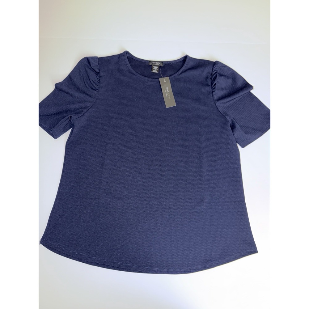 Love Ryan Women 2X Navy Blue Puff Sleeve Stretch Top Blouse Minimalist Shirt NWT